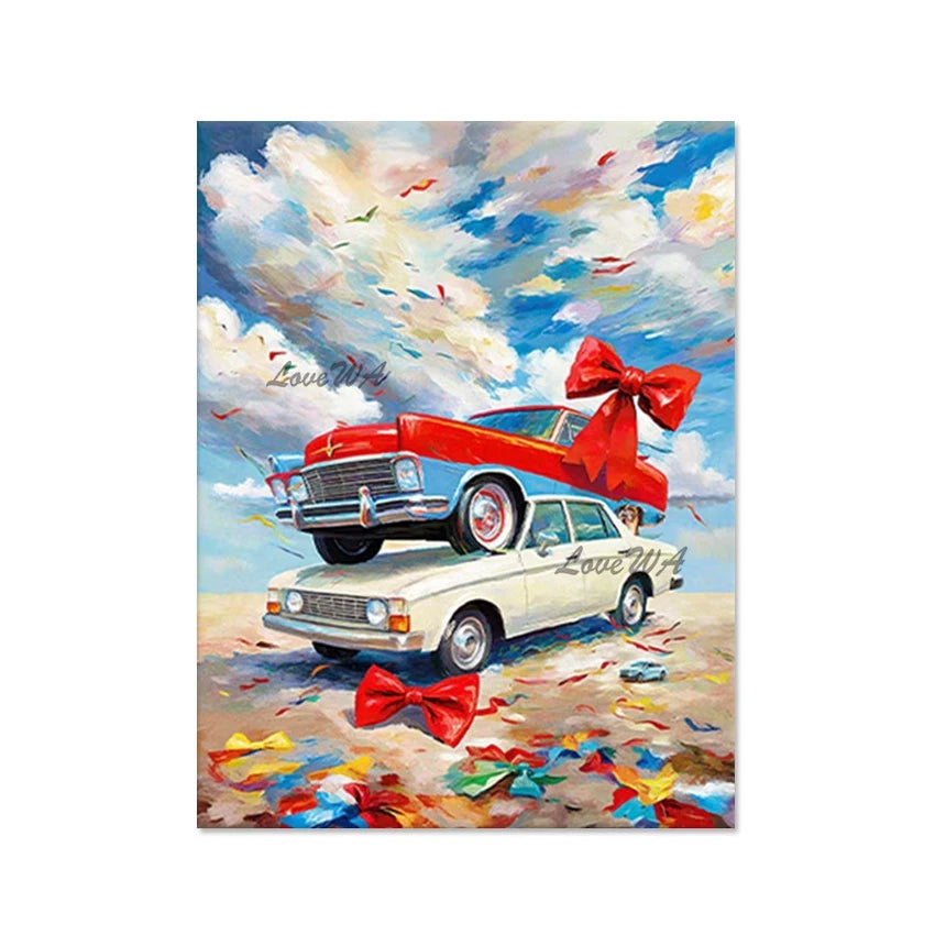 3d Car Landscape Art Picture Cartoon Oil Paintings Frameless Bright In Colour Design Abstract Canvas Wall Decoration Piece